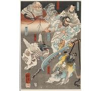 SERENDIPITP Vintage Picture Print on Canvas Wall Art Poster Minamoto Yoshitsune Fights Benkei on the Gojō Bridge with the Help of Tengu Demons by Utagawa Kuniyoshi for Wall Decor 60x90cm