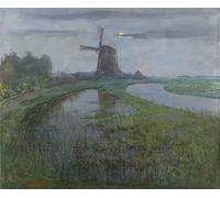 SERENDIPITP Vintage Picture Print on Canvas Wall Art Poster Oostzijdse Mill Along the River by Piet Mondrian Artwork Print Poster for Wall Decor 60x90cm