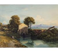 SERENDIPITP Vintage Picture Print on Canvas Wall Art Poster Watermill with Distant Castle and by Varley Artwork Print Poster for Wall Decor 60x90cm