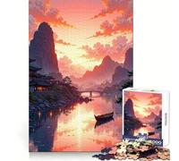 Serene Asian Landscape at Sunset Adult Jigsaw Puzzle1000 Pieces Brain Teaser Mental Relax Pattern Assembly Santa Wish Item (38x26cm)