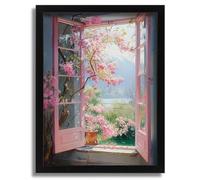 Serene Blossom Window View Art Print Tranquil Home Decor Open Window Pink Print Poster A4 - Wall Art Home Decor Movie Poster Canvas Film Cinema Retro Vintage Cult Classic Nostargic Saga Modern reprin