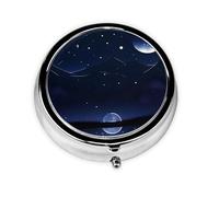 Serene Blue Night View Round Mini Pill Box: 3-Compartment Portable Metal Pill Organizer with Snap Closure, Ideal for Daily Travel Use
