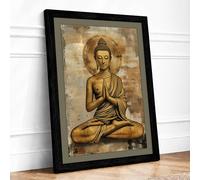 Serene Buddha in Gold Rustic Framed Wall Art Print A2 (59.4×42cm) Black, Wall Decor for Living Room, Bedroom, Office & Home, Ready to Hang, Art Gift
