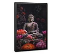 Serene Buddha Surrounded by Vibrant Flowers - Zen Canvas Poster Bedroom Decor Landscape Office Room Decor Gift 16" L X 24" W
