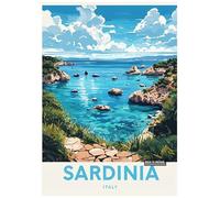 Serene Coastal Landscape in Sardinia with Lush Vegetation - Retro Europe Travel Poster A4 Size Vintage Wall Art Print of Famous European Destinations Ideal for Home or Office Decor