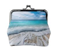 Serene Coastal Print Double Clasp Metal Frame Leather Kiss Lock Change Pouch Wallet for Women with Keys, Small Purses