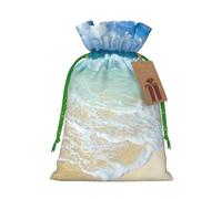 (Serene Coastal) Printed Christmas M Size Gift Bags with Green Ribbon Drawstring Candy Bags for Kids Xmas Holiday Christmas Eve Presents