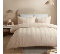 Serene Embossed Curve Duvet Cover Set, 100% Recycled Polyester, Super-King 260x220cm, Natural, Textured Wave Pattern, Button Closure, 2 Pillowcases