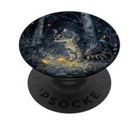 Serene Grey Cat with Fireflies in a Moonlit Forest PopSockets Adhesive PopGrip