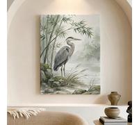 Serene Heron Canvas Wall Art, Grey Green Nature Landscape Prints, Tranquil Wall Decor for Living Room, Bedroom, Office, Wrapped Canvas 12x16 Inch