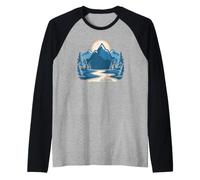 Serene Mountain Canoe Trip During a Colorful Retro Sunset Raglan Baseball Tee