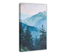 Serene Mountain Landscape Canvas Poster Art Print, Green Forest And Floral Alpine Trees Nature Scenery Wall Art Decor For Home Office