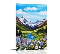 Serene Nature Scenery Wall Art, Snow Mountain Stream & Wildflowers Landscape Artwork Hanging Paintings Poster, Calming Wall Decor for Home Living Room Bedroom 24x36inch(60x90cm)