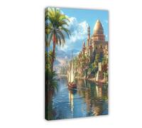 Serene Nile River Scene Painting, Ancient Egyptian Temples And Boats Canvas Poster Bedroom Decor Landscape Office Room Decor Gift 12x18inch(30x45cm)