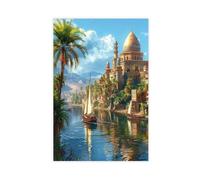 Serene Nile River Scene Painting, Ancient Egyptian Temples And Boats Canvas Poster Wall Art Decor Print Picture Paintings for Living Room Bedroom Decoration 16x24inch(40x60cm)