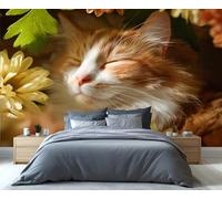 Serene Orange & White Cat Among Flowers Wall Mural - Calming Floral Feline Art for Bedroom, Living Room & Cat Lovers' Sanctuary 300x230cm (Not Self-Adhesive)