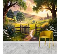 Serene Pastoral Landscape at Dawn & Dusk, Dirt Path with Wooden Fence & Green Hills Wall Murals, Self-Adhesive Wall Fabric (NO PVC), Removable Wallpaper, for Living Room, Bedroom, Office -Custom Size