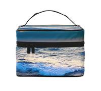 Serene Seaside Sunset Print Portable Travel Versatile Zipper Makeup Case for Large Capacity Makeup Bag, Polyester, Black, One Size, Black/White, One Size