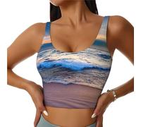 Serene Seaside Sunset Print Women's Sports Vest, Casual Summer Athletic Top, U-Back Design, Good for Fitness Black