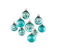 Serene Spaces Living Set of 9 Assorted Teal Glass Ball Ornaments for Christmas Tree, Holiday Decorations, Winter Wedding, Table Centerpiece, Window Box, Measures 3" Diameter