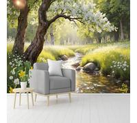 Serene Sunlit Forest with Winding Stream & Wildflowers, Self-Adhesive Wall Fabric (NO PVC), Removable Wallpaper, for Living Room, Bedroom, Office -Custom Size