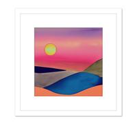 Serene Sunset Landscape River Hills Pastel Colours Pink Watercolour Painting Square Wooden Framed Wall Art Print Picture 8X8 Inch Artery8 White One Size