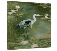 Serene Water Lily Canvas Wall Art, Green White Bird Poster Prints, Nature Wall Art Home Aesthetic Decor For Living Room, Bedroom, Bathroom, Office, Wrapped Canvas 12x12 Inch