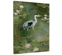 Serene Water Lily Canvas Wall Art, Green White Bird Poster Prints, Nature Wall Art Home Aesthetic Decor For Living Room, Bedroom, Bathroom, Office, Wrapped Canvas 8x10 Inch