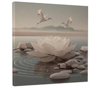 Serene Water Lily Flower Canvas Wall Art, Beige Grey Minimalistic Nature Prints, Tranquil Home Decor for Living Room, Bedroom, Office, Wrapped Canvas 12x12 Inch