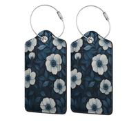 Serene White Anemones & Navy Blue Leaves Luggage Tag with Privacy Flap for Suitcase Leather Luggage Tags 2 PCS