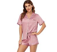 Serenedelicacy Women's Satin Pajama Set 2-Piece Sleepwear Loungewear Button Down Short Sleeve PJ Set, Bridal Rose, Medium