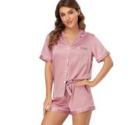 Serenedelicacy Women's Satin Pajama Set 2-Piece Sleepwear Loungewear Button Down Short Sleeve PJ Set, Bridal Rose, Medium
