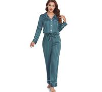 Serenedelicacy Women's Satin Pajama Set Long Sleeve Button Down Sleepwear 2-Piece Silky Pj Set, Dark Green/Navy, Stripe, XS