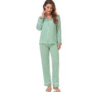 Serenedelicacy Women's Satin Pajama Set Long Sleeve Button Down Sleepwear 2-Piece Silky Pj Set, Green/Ivory, Stripe, XL