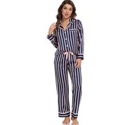 Serenedelicacy Women's Satin Pajama Set Long Sleeve Button Down Sleepwear 2-Piece Silky Pj Set, Navy/Pink, Stripe, S