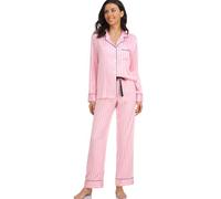 Serenedelicacy Women's Satin Pajama Set Long Sleeve Button Down Sleepwear 2-Piece Silky Pj Set, Pink Striped, L