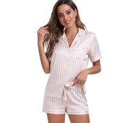 Serenedelicacy Women's Silky Satin Pajamas Short Sleeve PJ Set Sleepwear Loungewear - Pink - Medium/12-14