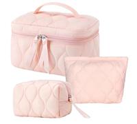 SERENEDWELLING 3 PCS Quilted Makeup Bag Set Coquette Cosmetic Bag Toiletry Travel Organizer, Small Medium Large, Cute Portable Puffy for Women Girls, Pink, 3 Pcs Quilted Makeup Bag
