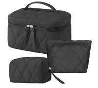 SERENEDWELLING 3 PCS Quilted Makeup Bag Set Coquette Cosmetic Bag Toiletry Travel Organizer, Small Medium Large, Cute Portable Puffy for Women Girls, Black, 3 Pcs Quilted Makeup Bag