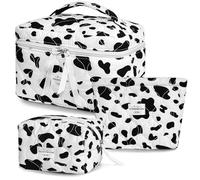 SERENEDWELLING Quilted Makeup Bag Set Coquette Cosmetic Bag Toiletry Travel Organizer, Small Medium Large, Cute Portable Puffy for Women Girls, Black and white spots, 3, 3pcs Set