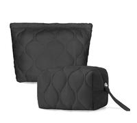 SERENEDWELLING Quilted Makeup Bag Set Coquette Cosmetic Bag Toiletry Travel Organizer, Small Medium Large, Cute Portable Puffy for Women Girls, Black, 2, 2pcs Set