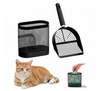 SereneJoy Metal Cat Litter Scoop Set with Holder, Dual-Spec Scoop, Mesh Storage Bin with Hidden Bag Dispenser, Includes 3 Rolls Waste Bags, Easy-Clean Rust-Resistant Black