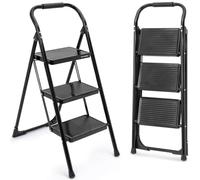 SereneLife 3 Step Folding Ladder with Handrail Black | Heavy Duty Steel Frame, Anti Slip Wide Treads, Portable for Kitchen, Home and Indoor Use