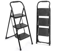 SereneLife 3 Step Folding Ladder with Handrail Black - Heavy Duty Steel Frame, Anti Slip Wide Treads, Portable for Kitchen, Home and Indoor Use