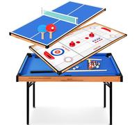 SereneLife 4 in 1 Multi Game Table, 4’x2’ Folding Portable Sports Arcade with Accessories, Ping Pong, Air Hockey,Pool Billiards, and Shuffleboard, For Family, Kids and Adults, Indoor and Outdoor Games