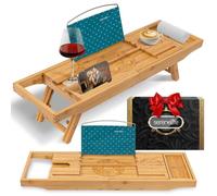 SereneLife Bamboo Bath Caddy Tray - Expandable Non-Slip, Wine Glass Holder, Tablet Stand & Book Slot, Foldable Design with Backrest for Spa, Relaxation & Home Décor