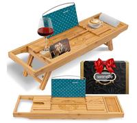 SereneLife Bamboo Bath Caddy Tray - Expandable Non-Slip, Wine Glass Holder, Tablet Stand & Book Slot, Foldable Design with Backrest for Spa, Relaxation & Home Décor