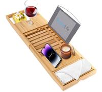 SereneLife Bamboo Bath Caddy Tray, Extendable Bath Shelf with Foldable Design, Wooden Bath Board for Relaxing Baths, Adjustable & Easy Storage, Fits Most Bath Sizes