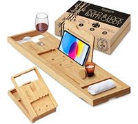 SereneLife Bamboo Bath Caddy Tray - Extendable Bath Shelf with Foldable Design, Wooden Bath Board for Relaxing Baths, Adjustable & Easy Storage, Fits Most Bath Sizes