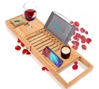 SereneLife Bamboo Bath Caddy Tray, Extendable Bath Shelf with Foldable Design, Wooden Bath Board for Relaxing Baths, Adjustable & Easy Storage, Fits Most Bath Sizes